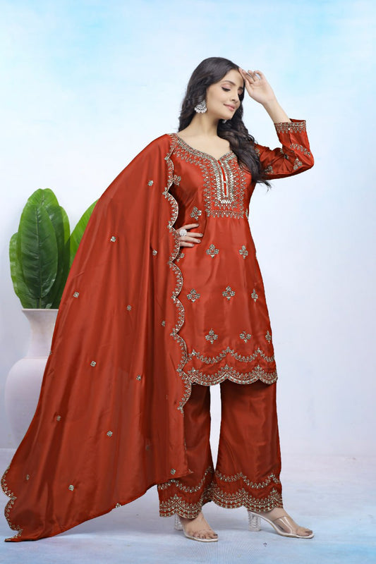 Prazu Fashion Rust Orange Crepe Sequence With Embroidered Salwar Suit