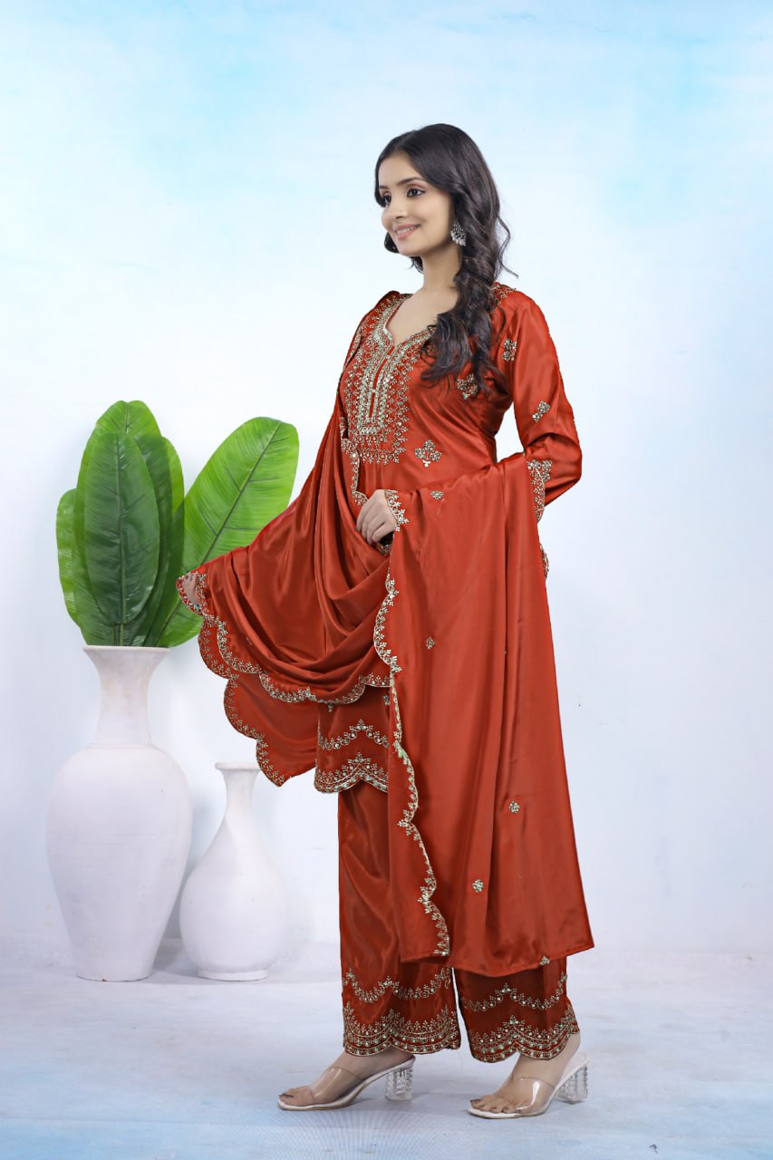 Prazu Fashion Rust Orange Crepe Sequence With Embroidered Salwar Suit
