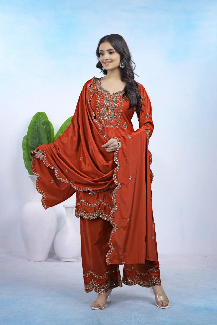 Prazu Fashion Rust Orange Crepe Sequence With Embroidered Salwar Suit
