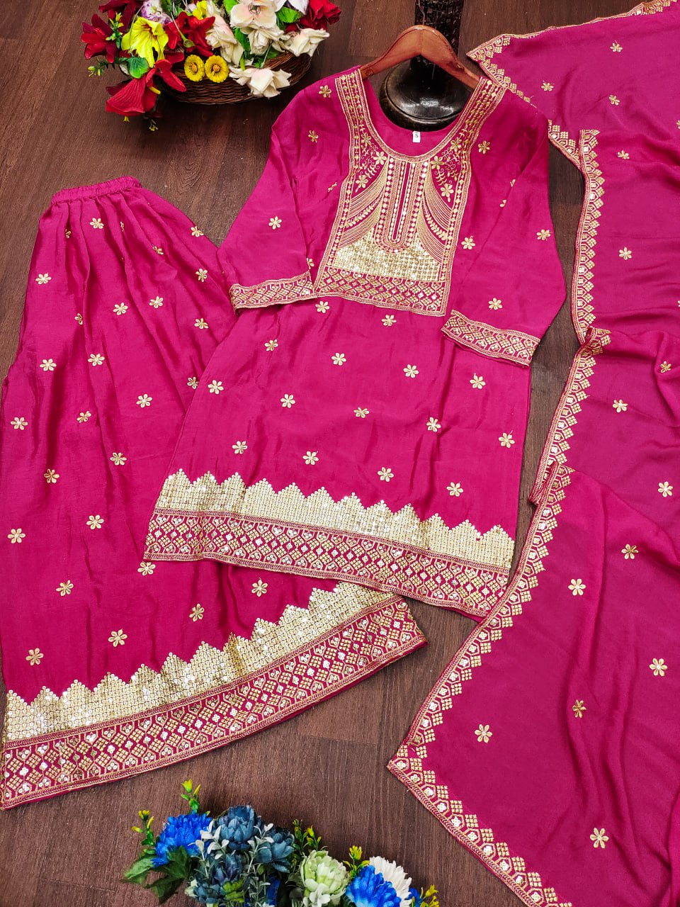Prazu Fashion Pink Chinon Silk Sequin Embroidered Sharara Suit