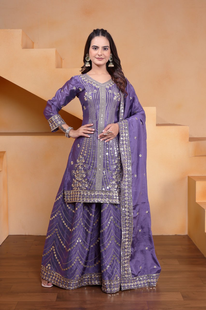 Lehenga Mart Designer Chinnon Embroidered Sharara Suit-Blue
