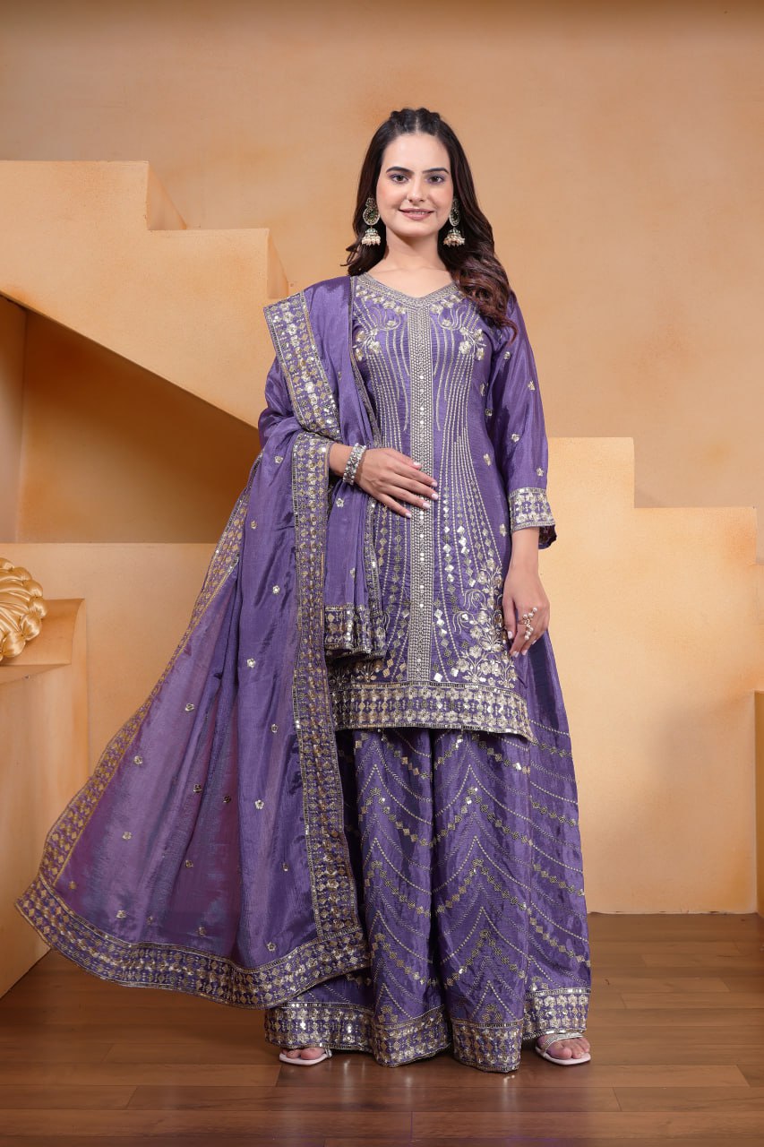 Lehenga Mart Designer Chinnon Embroidered Sharara Suit-Blue