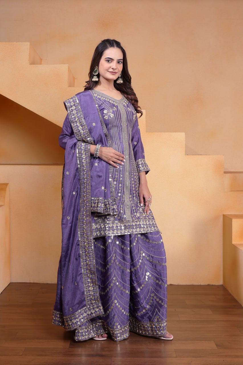 Lehenga Mart Designer Chinnon Embroidered Sharara Suit-Blue