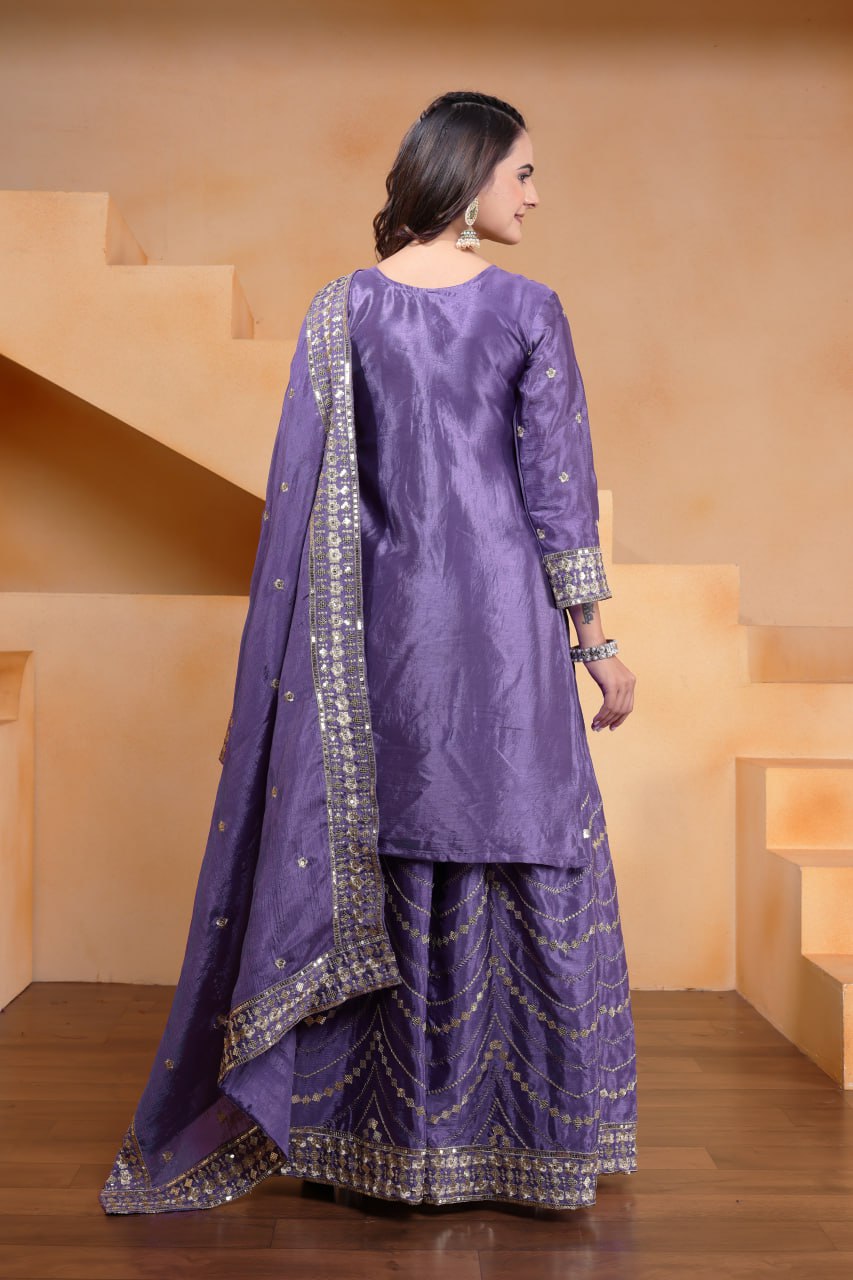 Lehenga Mart Designer Chinnon Embroidered Sharara Suit-Blue