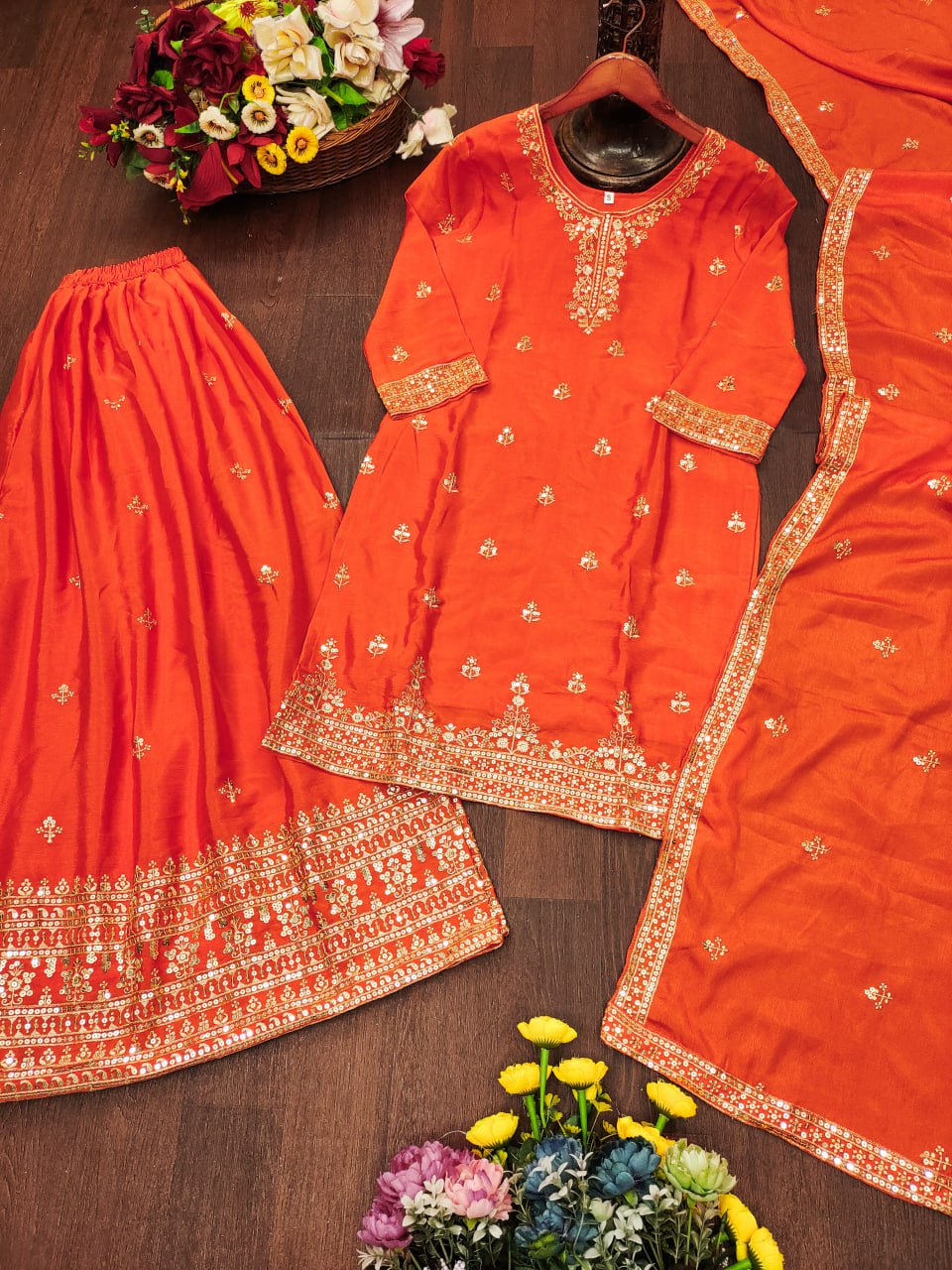Prazu Fashion Orange Chinon Silk Sequin Embroidered Sharara Suit