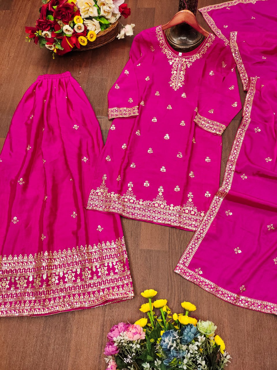 Prazu Fashion Pink Chinon Silk Sequin Embroidered Sharara Suit