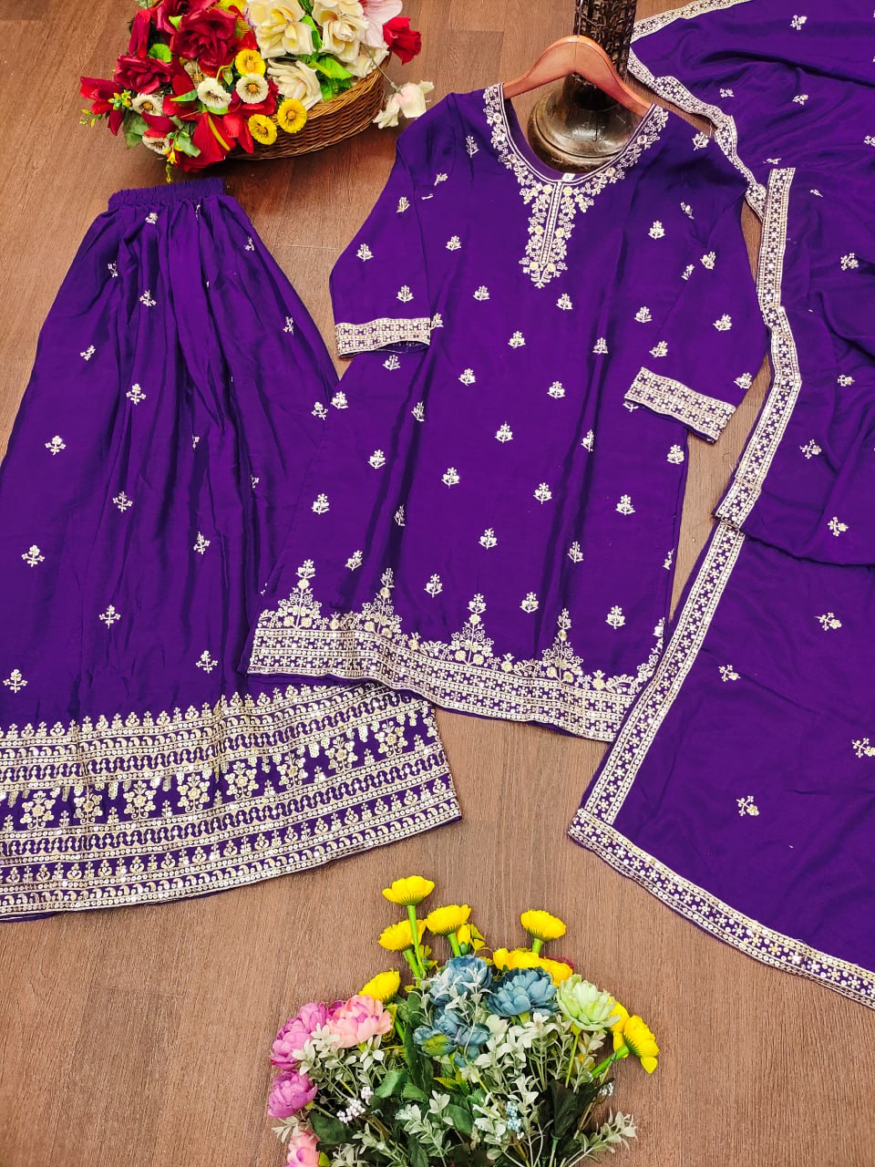 Prazu Fashion Royal Purple Chinon Silk Sequin Embroidered Sharara Suit