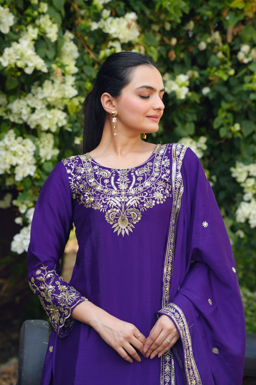 Prazu Fashion Royal Purple Chinon Silk Sequin Embroidered Sharara Suit
