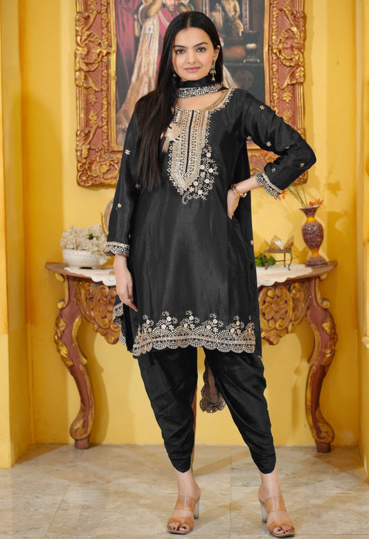 Teeya Creation Black Color Chinnon Silk Heavy Embroidery Work Fully Stitched Dhoti Suit