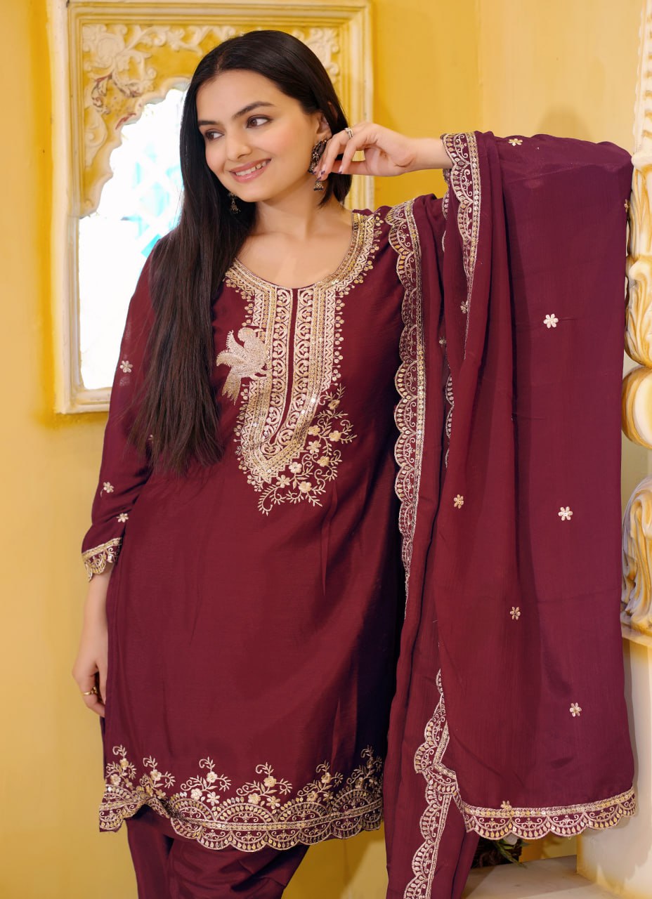 Teeya Creation Maroon Color Chinnon Silk Heavy Embroidery Work Fully Stitched Dhoti Suit