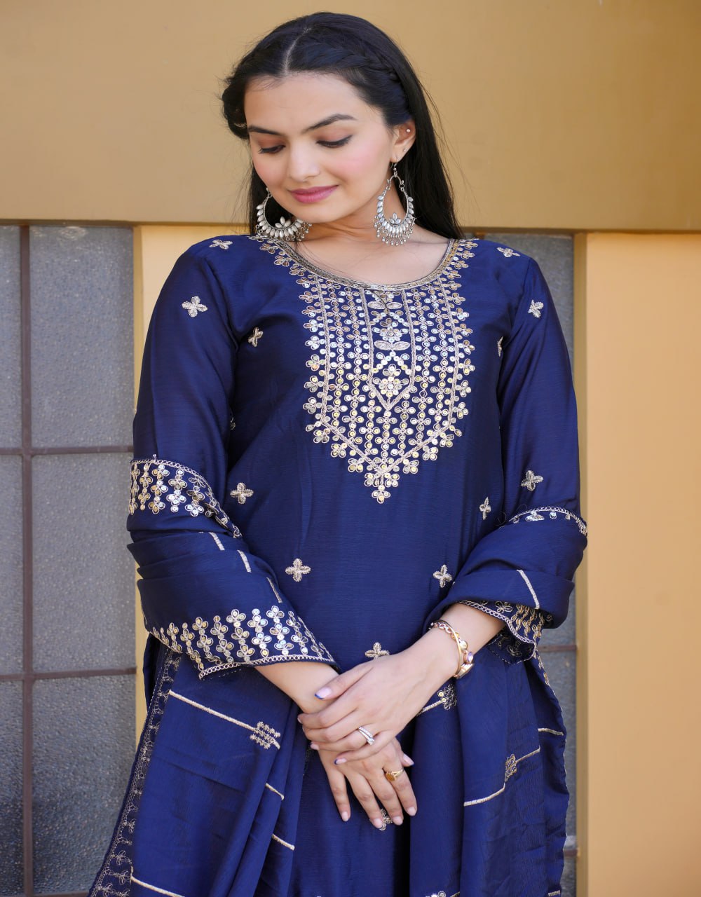 Teeya Creation Blue Color Chinnon Silk Heavy Embroidery Work Fully Stitched Salwar Suit