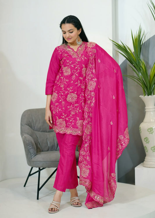 Teeya Creation Pink Color Chinnon Silk Heavy Embroidery Work Fully Stitched Salwar Suit