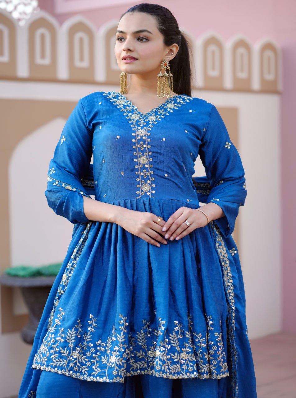 Teeya Creation Blue Color Chinnon Silk Heavy Embroidery Work Fully Stitched Salwar Suit
