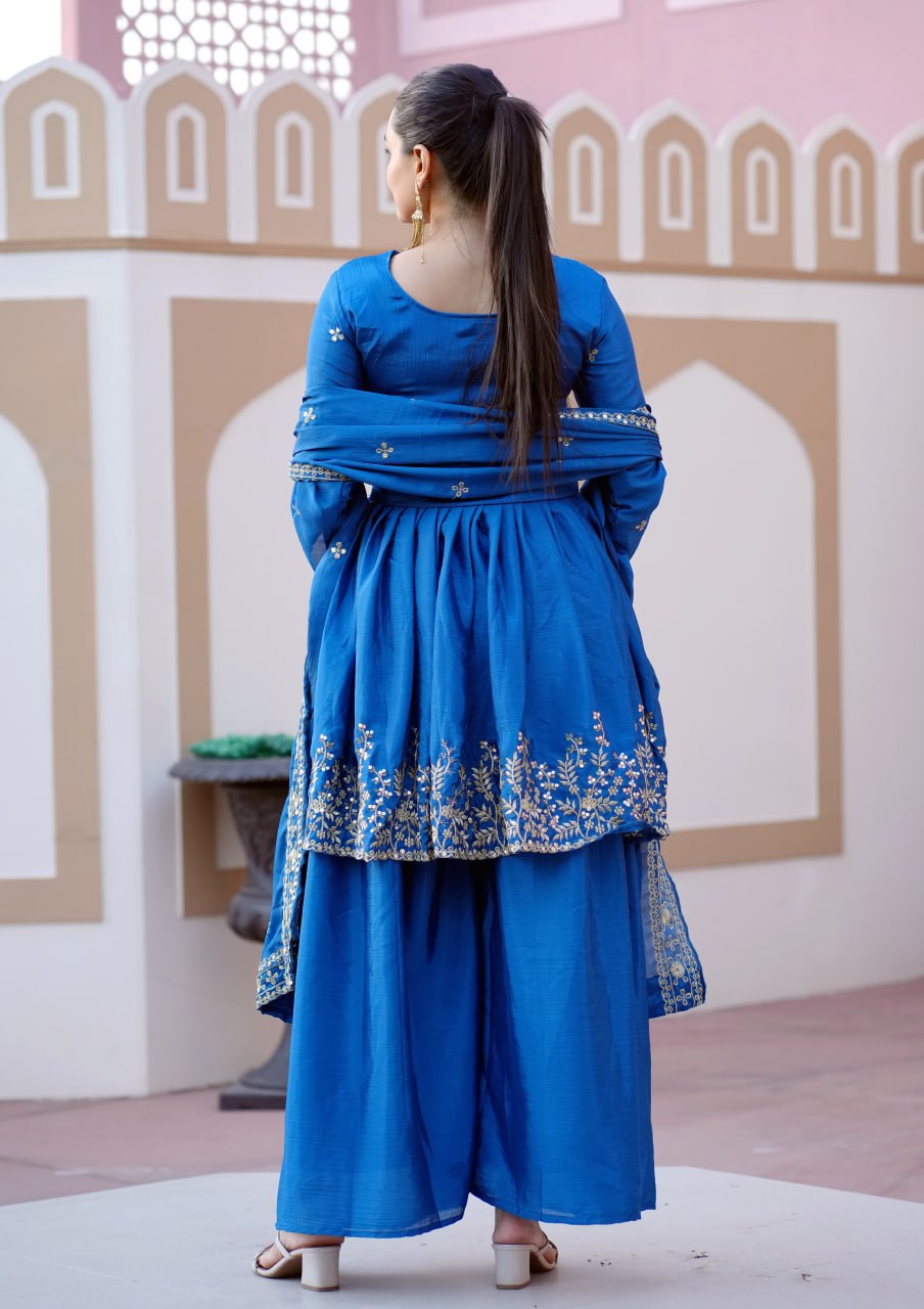 Teeya Creation Blue Color Chinnon Silk Heavy Embroidery Work Fully Stitched Salwar Suit