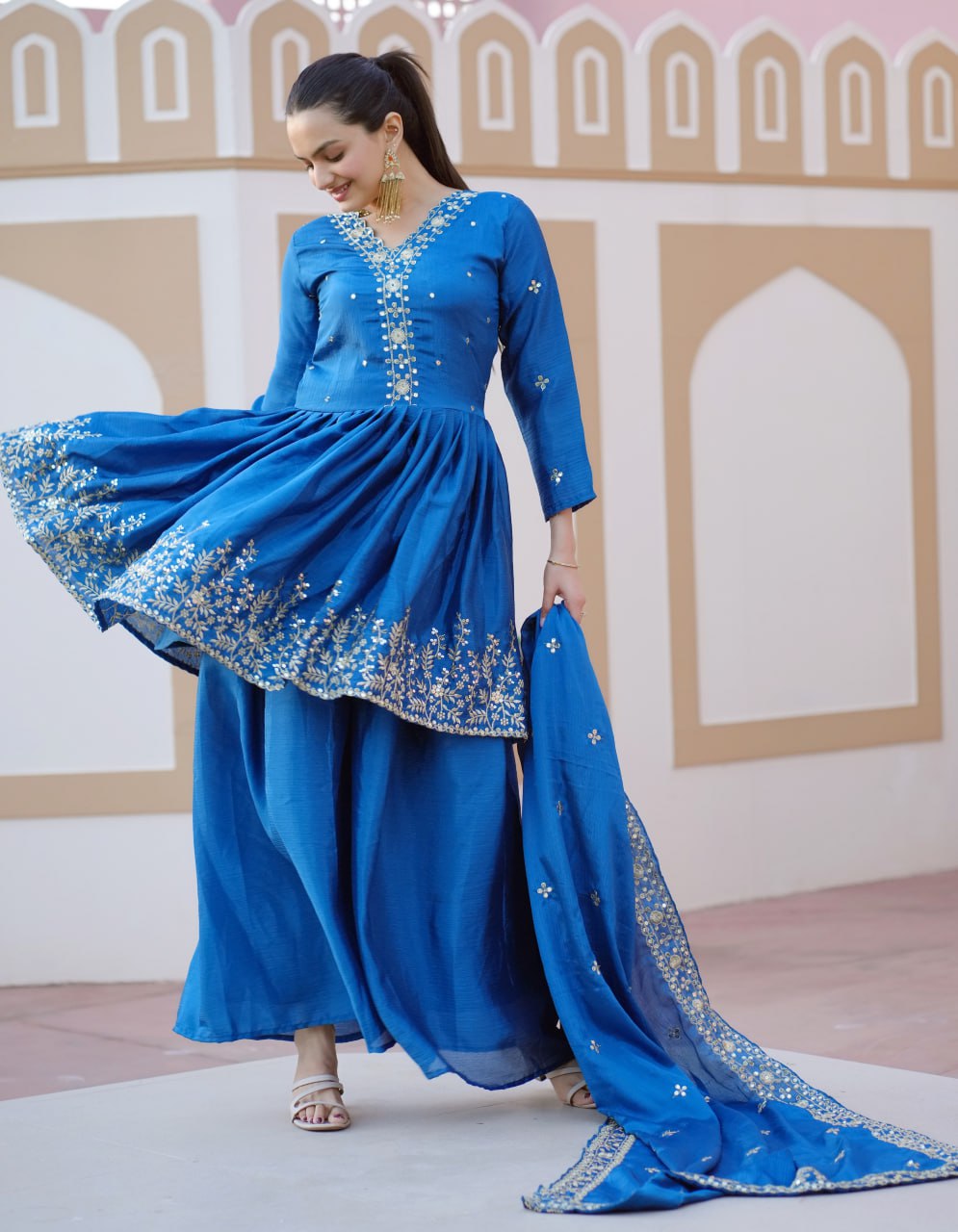 Teeya Creation Blue Color Chinnon Silk Heavy Embroidery Work Fully Stitched Salwar Suit