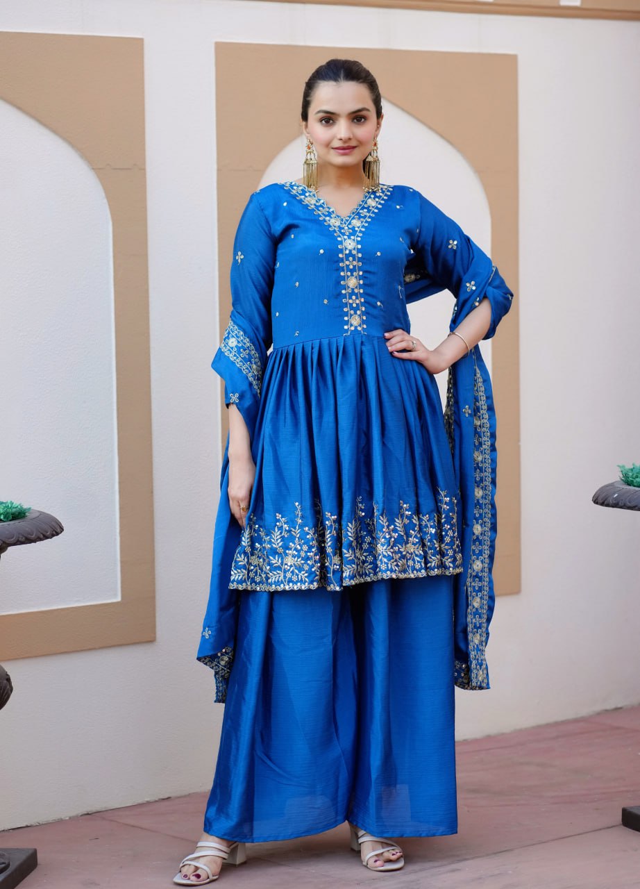 Teeya Creation Blue Color Chinnon Silk Heavy Embroidery Work Fully Stitched Salwar Suit