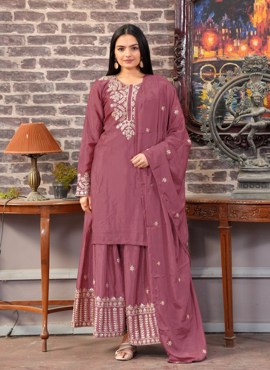 Teeya Creation Rosewood Color Chinnon Silk Heavy Embroidery Work Fully Stitched Sharara Suit