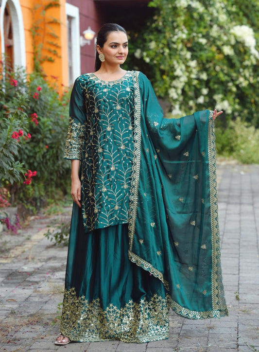 Teeya Creation Dark Teal Color Rangoli Silk Heavy Embroidery Work Fully Stitched Suit