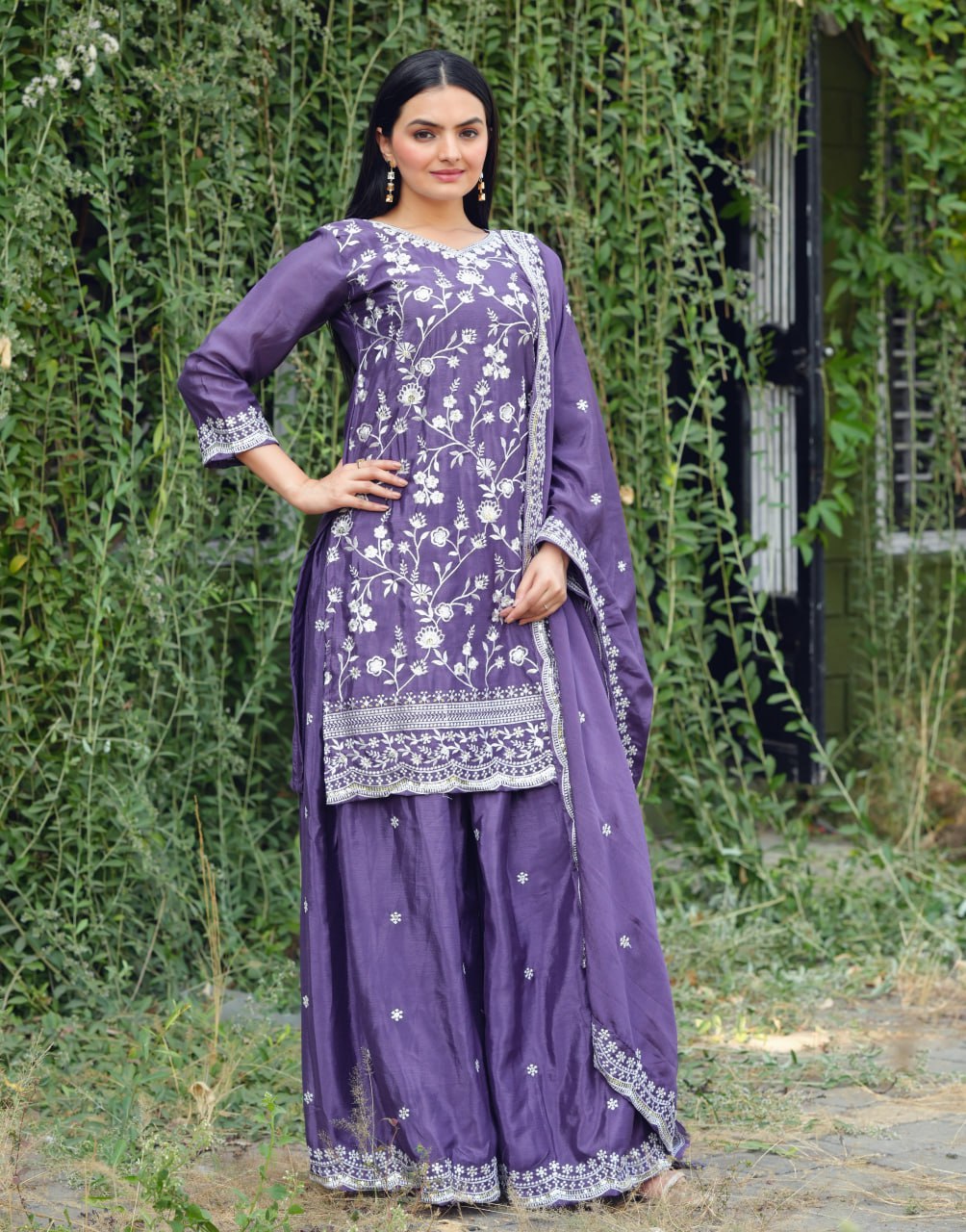 Teeya Creation Lavender Color Chinnon Silk Heavy Embroidery Work Fully Stitched Sharara Suit