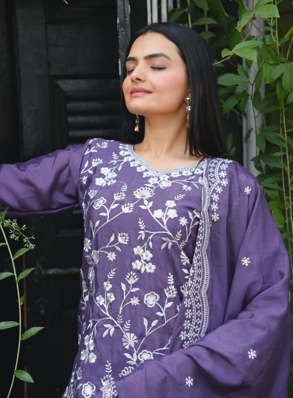 Teeya Creation Lavender Color Chinnon Silk Heavy Embroidery Work Fully Stitched Sharara Suit