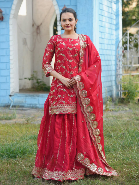Teeya Creation Red Color Rangoli Silk Heavy Embroidery Work Fully Stitched Suit