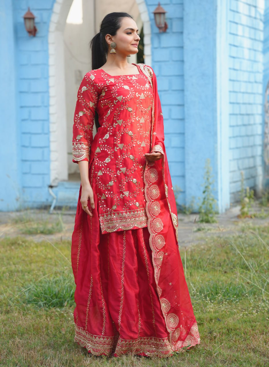 Teeya Creation Red Color Rangoli Silk Heavy Embroidery Work Fully Stitched Suit