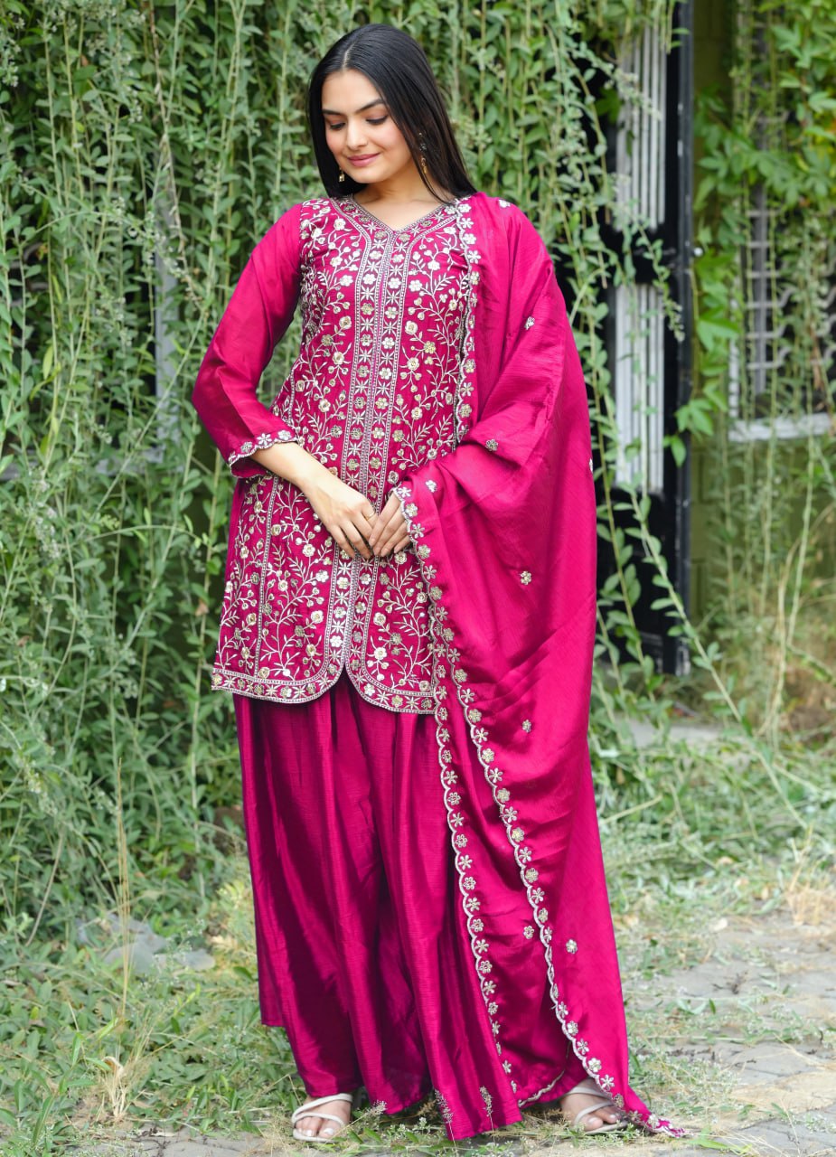 Teeya Creation Rani Color Chinnon Silk Heavy Embroidery Work Fully Stitched Sharara Suit