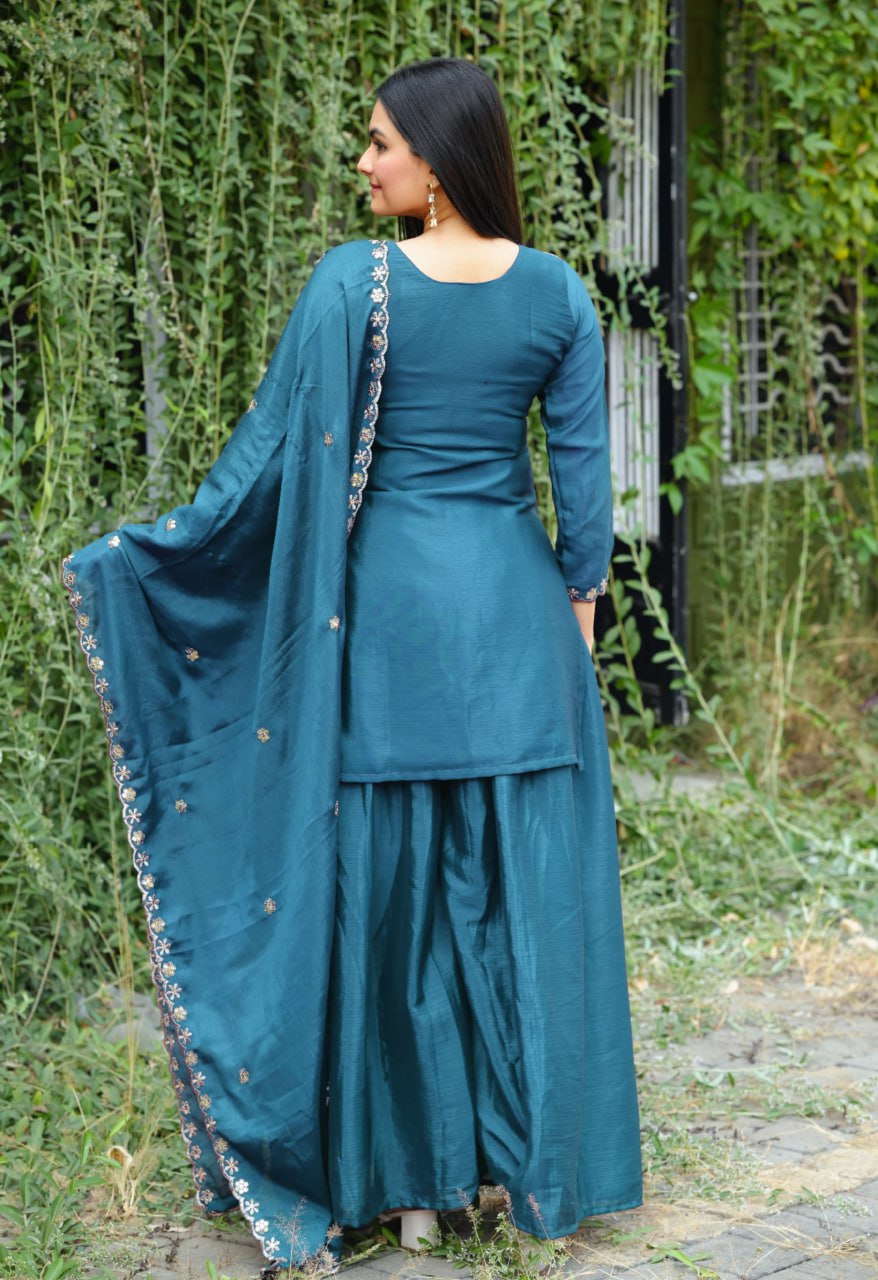 Prazu Fashion Morpich Chinon Silk Embroidered Sharara Suit