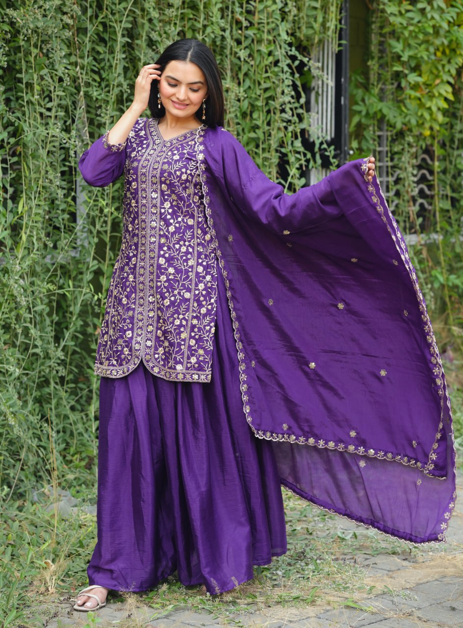 Prazu Fashion Violet Chinon Silk Sequence Embroidered Sharara Suit