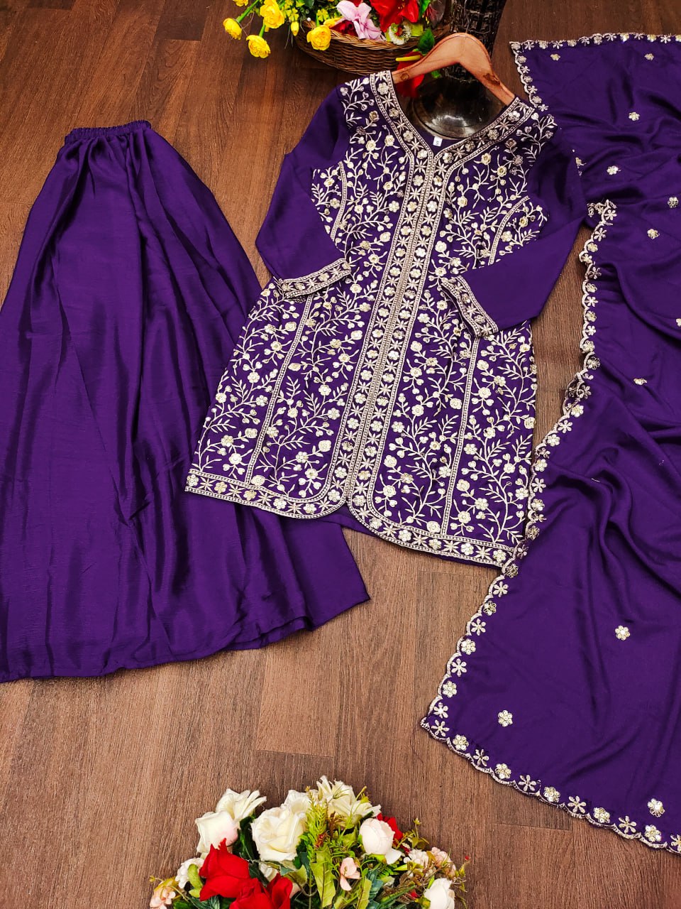 Prazu Fashion Violet Chinon Silk Sequence Embroidered Sharara Suit