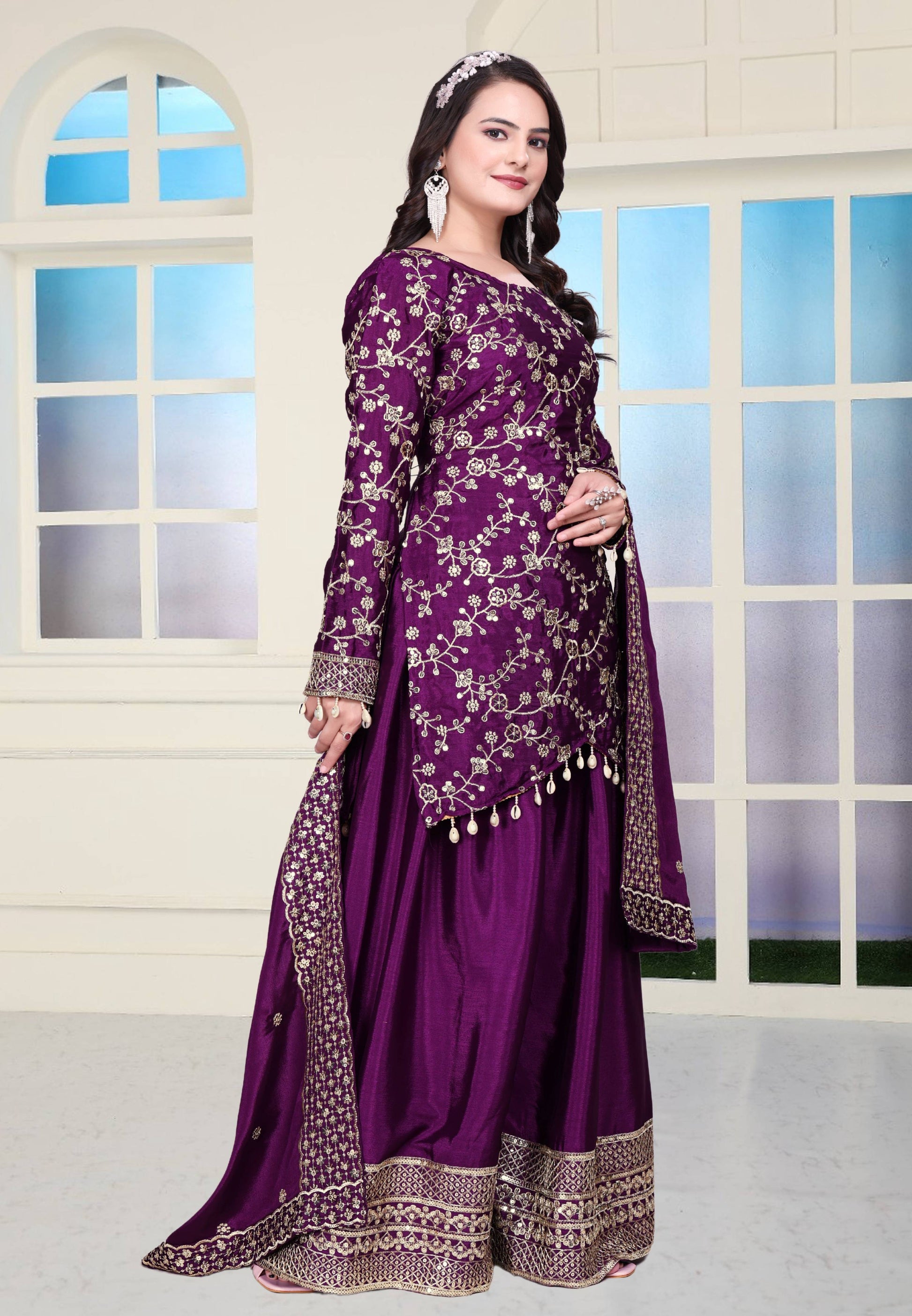 Teeya Creation Wine Color Chinnon Silk Heavy Embroidery Work Fully Stitched Sharara Suit