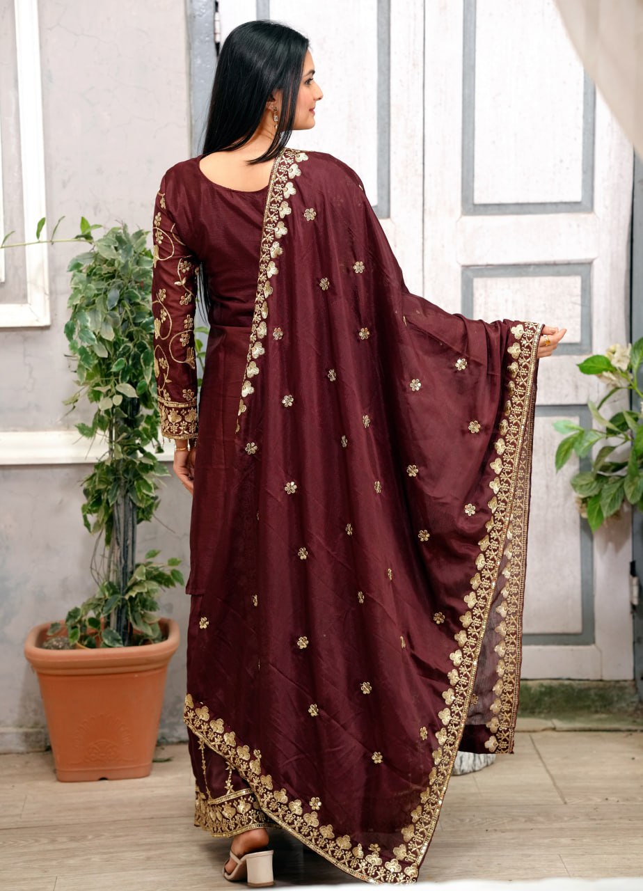Teeya Creation Maroon Color Chinnon Silk Embroidery Work Fully Stitched Salwar Suit
