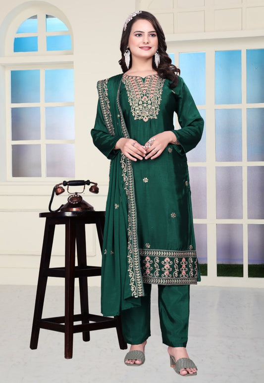 Teeya Creation Green Color Chinnon Silk Embroidery Work Fully Stitched Salwar Suit