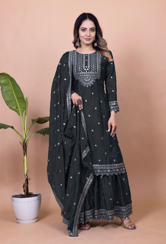 Teeya Creation Black Color Chinnon Silk Embroidery Work Fully Stitched Salwar Suit