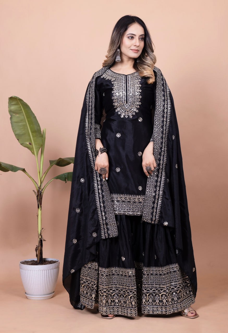 Teeya Creation Black Color Chinnon Silk Embroidery Work Fully Stitched Salwar Suit