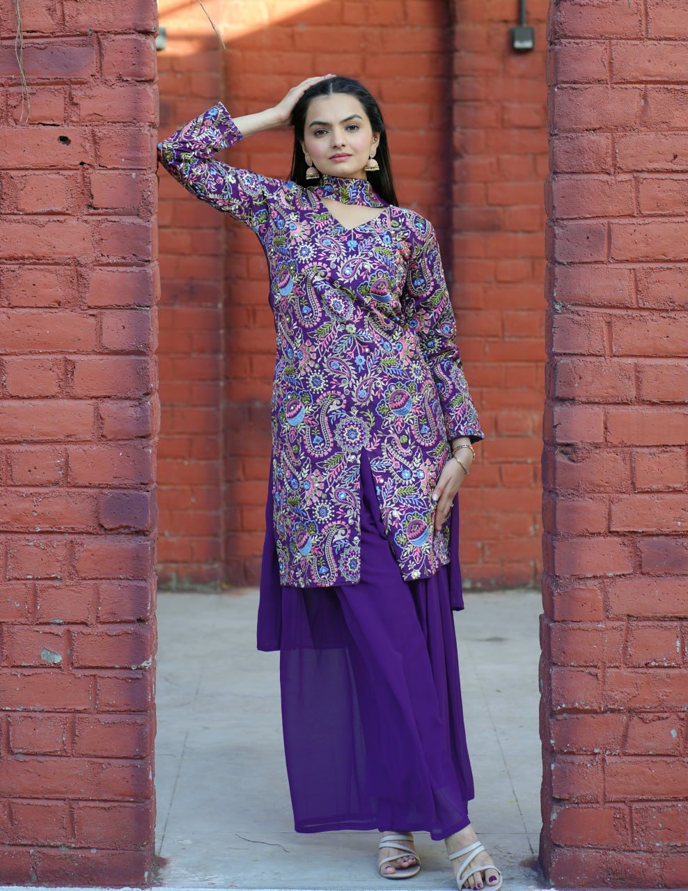 Prazu Fashion Violet Tapeta Silk With Fusing Embroidered Sharara Suit