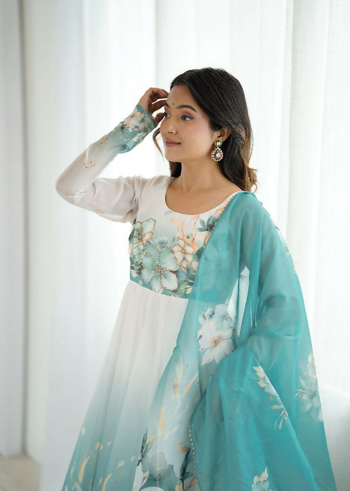 Joban Fashion Aqua Blue Kurta Set Organza Sequin Embroidery Work 