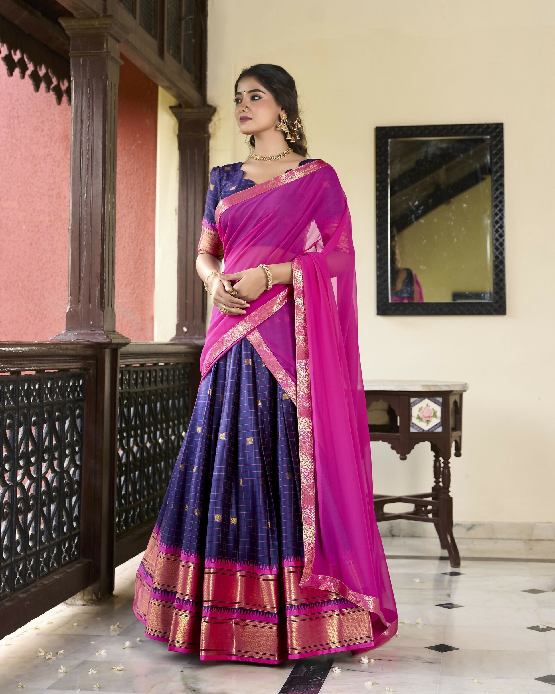 Lorenvalley Navyblue Cotton Silk Weaving Work With Paithani Concept Lehenga Choli 