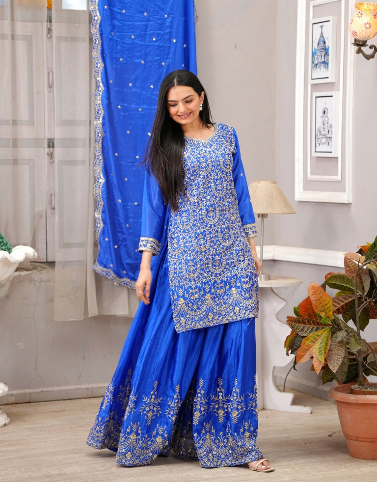 Lehenga Mart Designer Chinon Sharara Suit With Sequence Embroidered Work - Blue