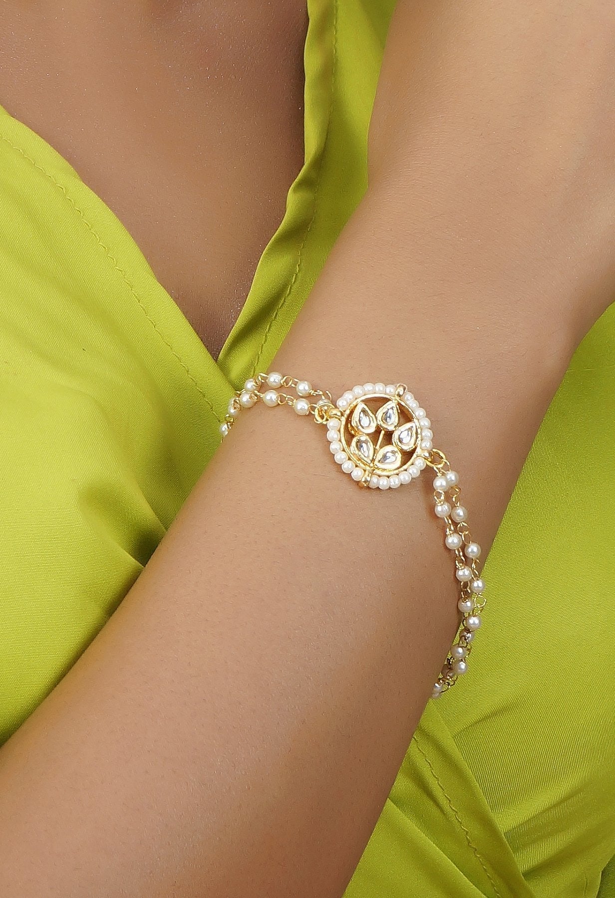 Peryl Women's Green White Gold Tone Kundan Bracelet 