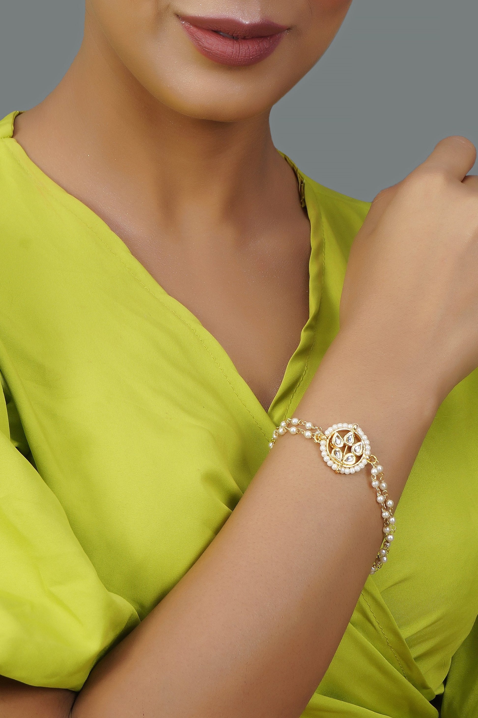 Peryl Women's Green White Gold Tone Kundan Bracelet 