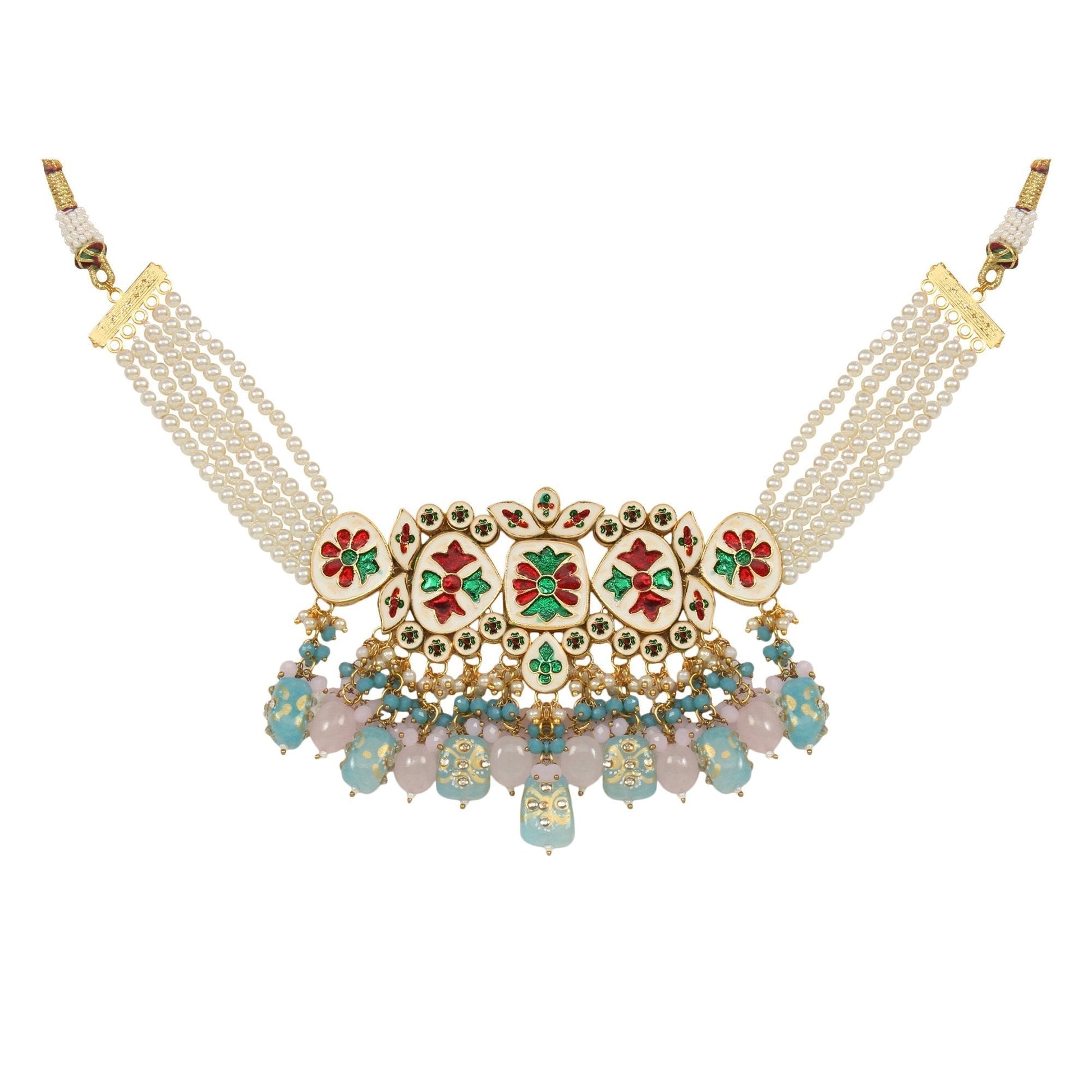 Peryl Women's Pastel Blue And Pink Tanjore Beaded Handcrafted Kundan Necklace With Earrings - Grab2buy