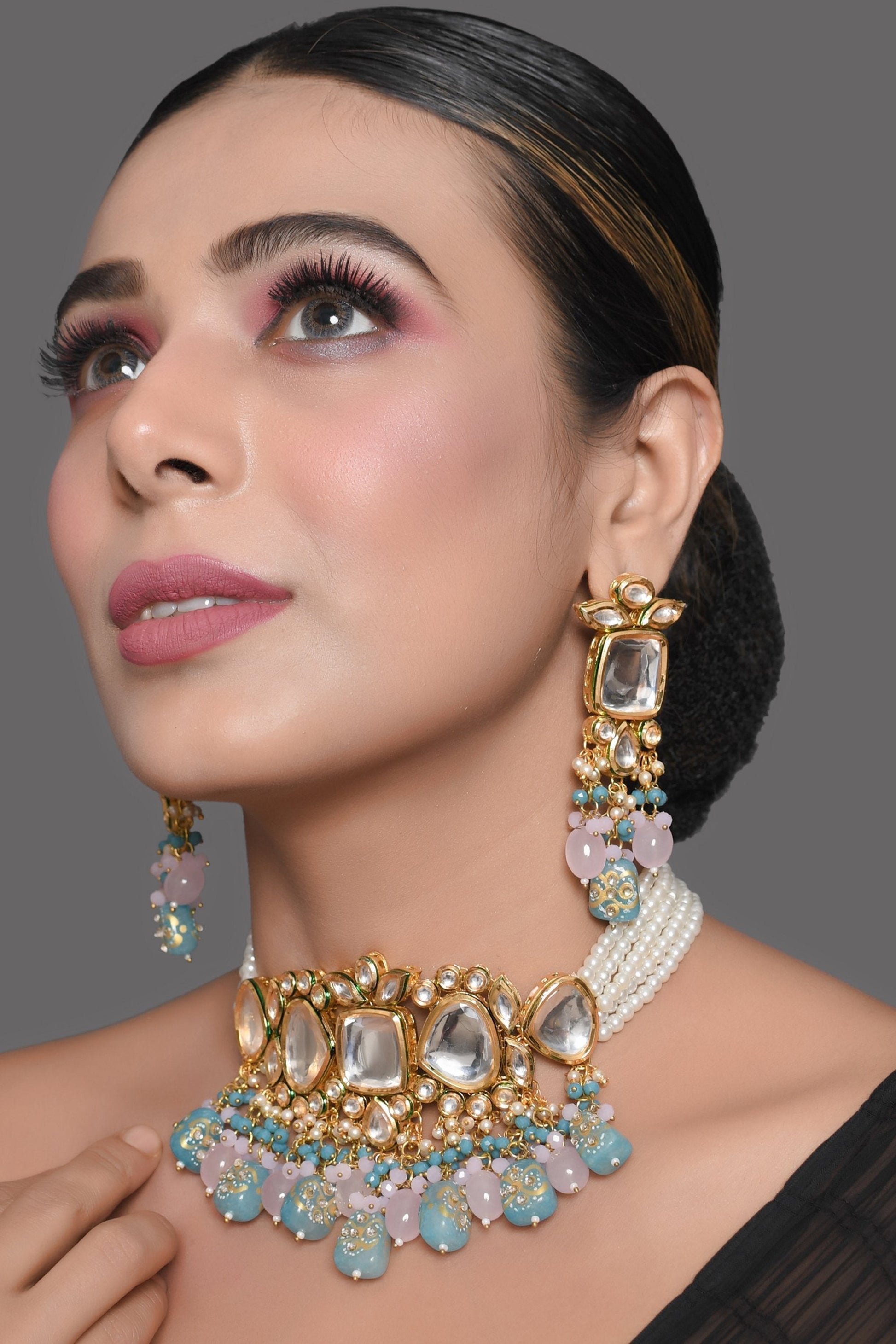 Peryl Women's Pastel Blue And Pink Tanjore Beaded Handcrafted Kundan Necklace With Earrings - Grab2buy