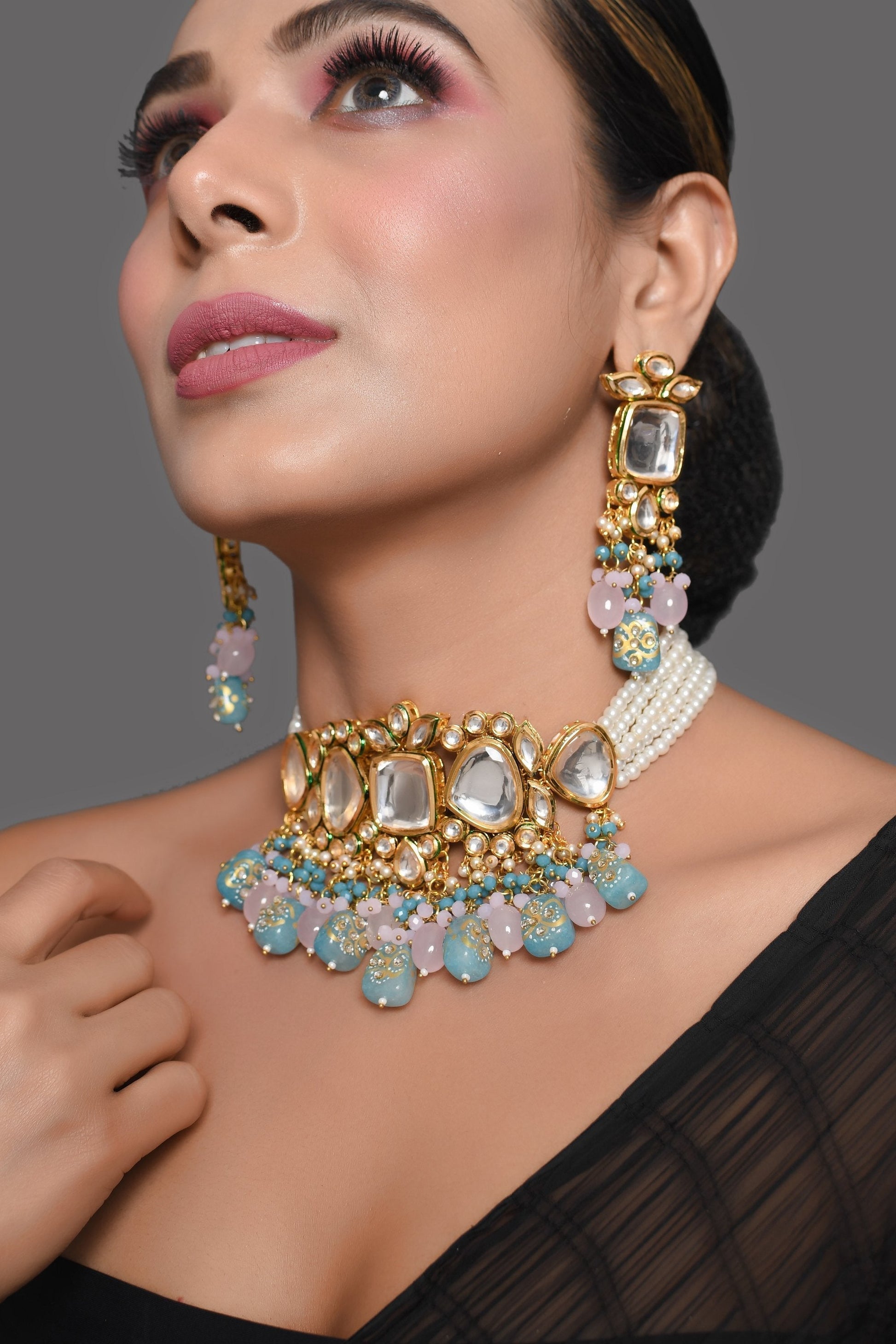 Peryl Women's Pastel Blue And Pink Tanjore Beaded Handcrafted Kundan Necklace With Earrings - Grab2buy