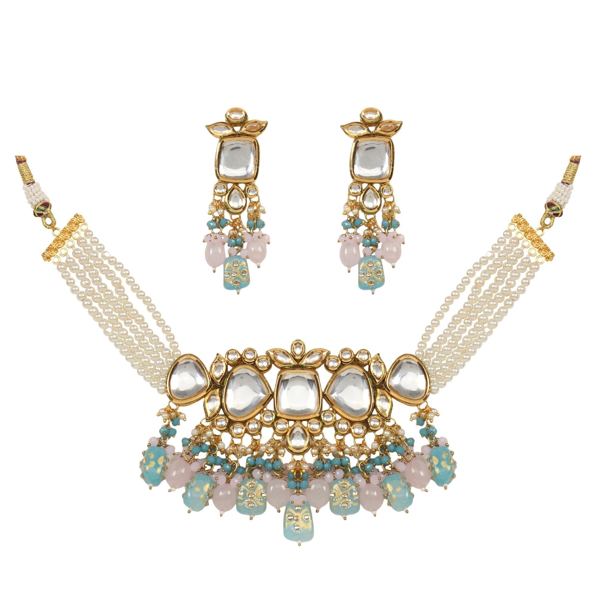 Peryl Women's Pastel Blue And Pink Tanjore Beaded Handcrafted Kundan Necklace With Earrings - Grab2buy