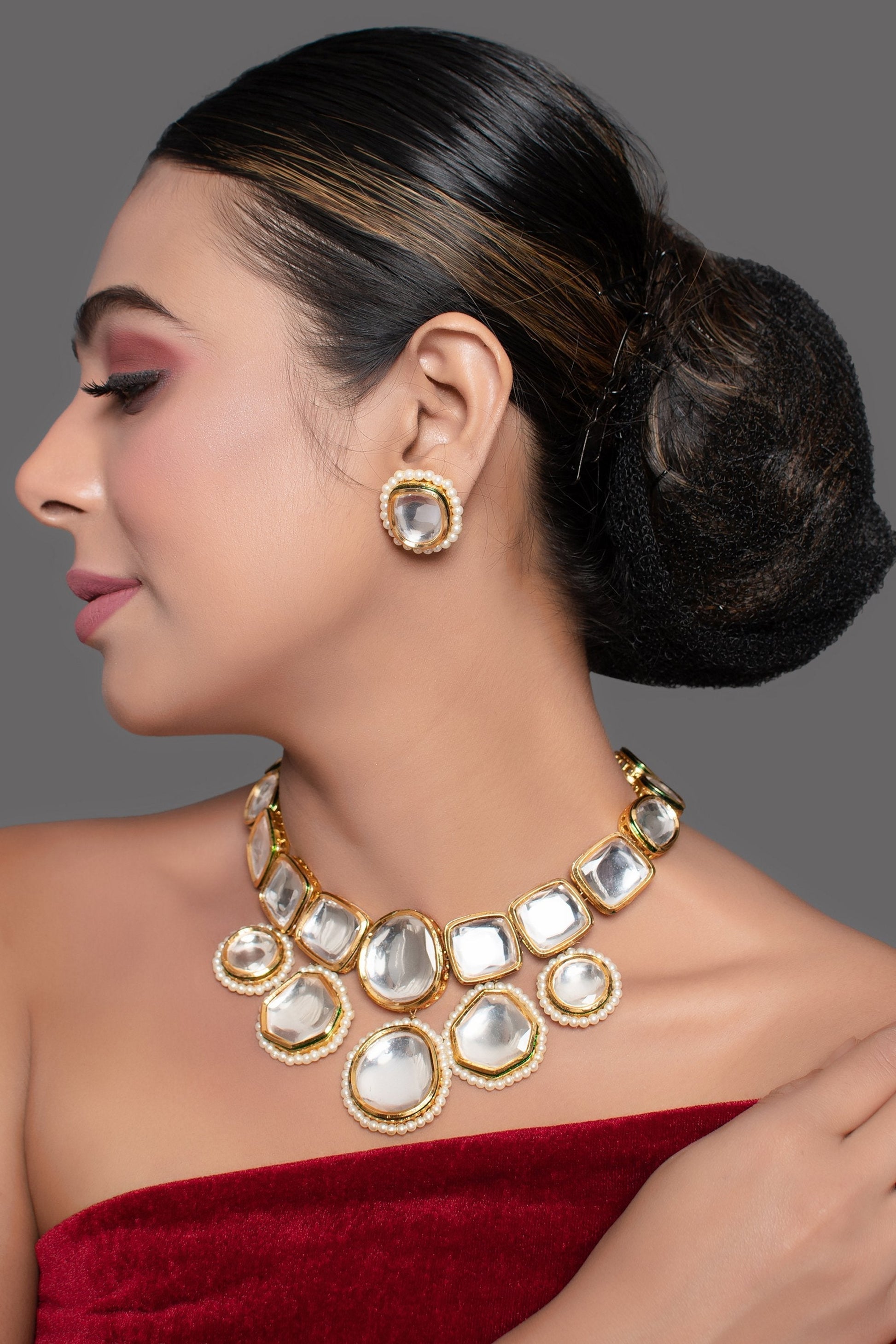 Peryl Women's Kundan Inspired Necklace With Earrings - Grab2buy