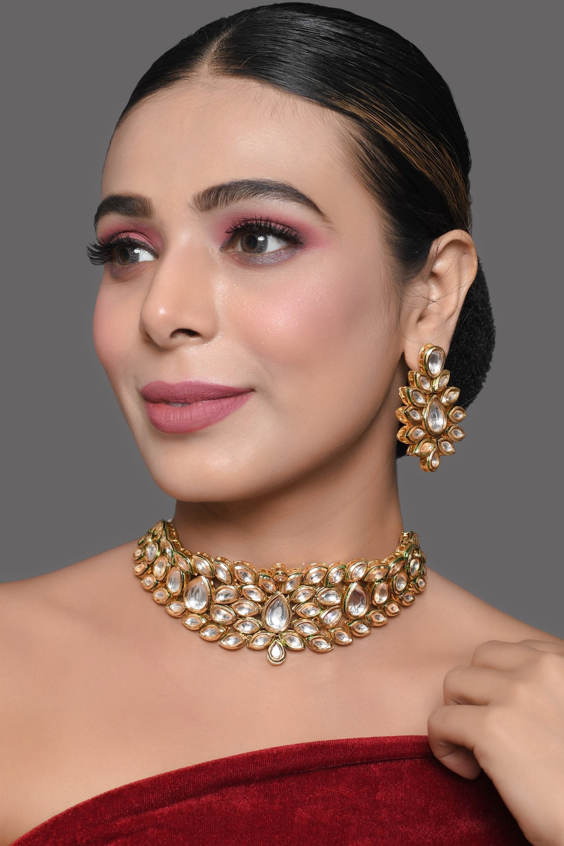 Peryl Women's Gold Tone Kundan Inspired Necklace With Earrings - Grab2buy