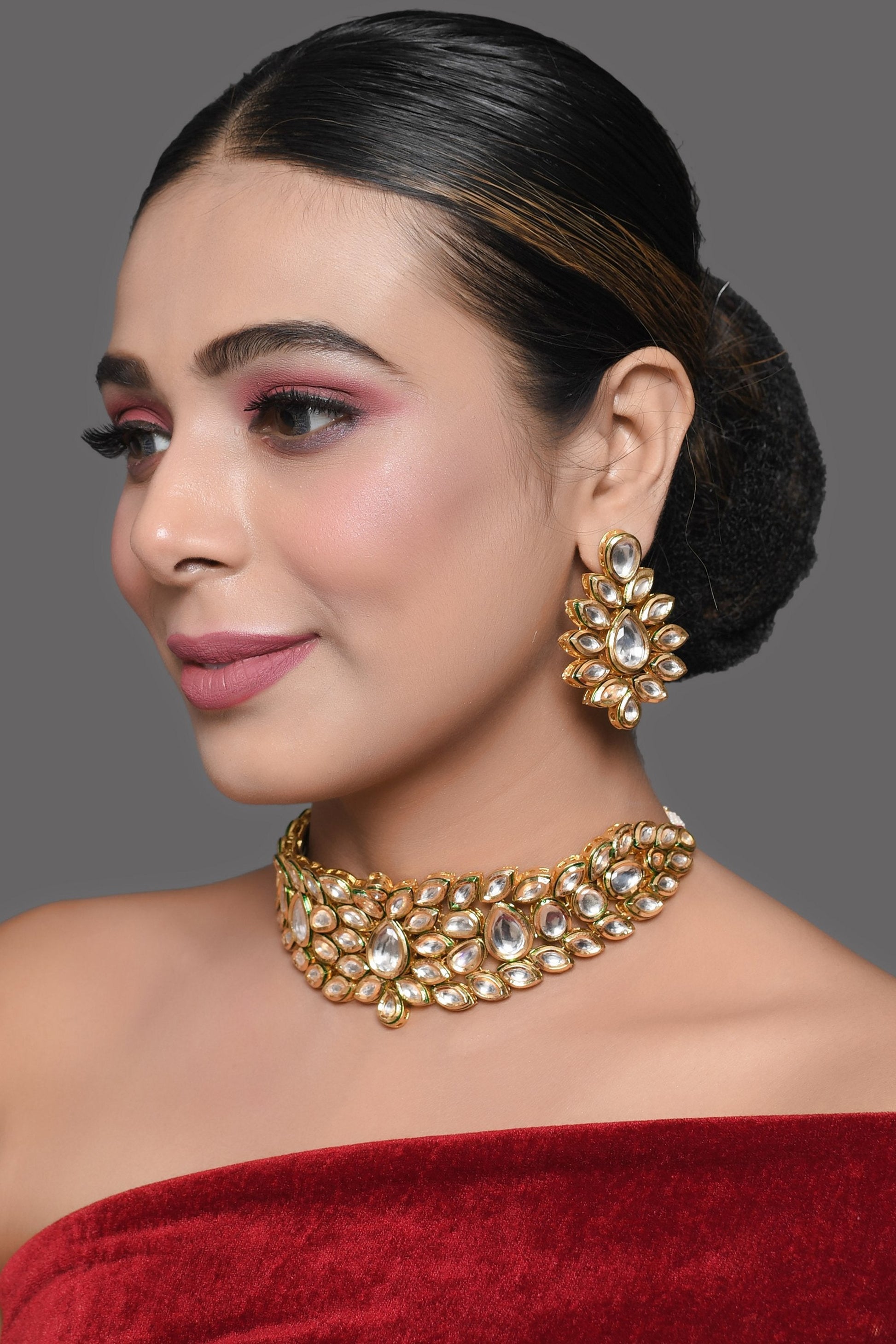Peryl Women's Gold Tone Kundan Inspired Necklace With Earrings - Grab2buy