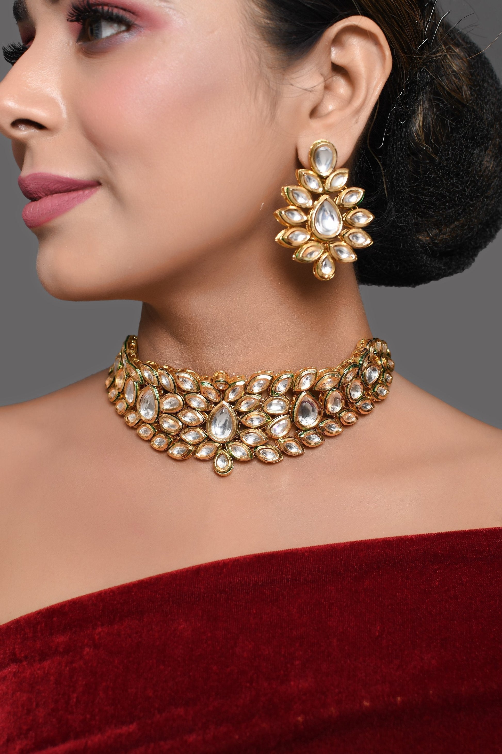 Peryl Women's Gold Tone Kundan Inspired Necklace With Earrings - Grab2buy