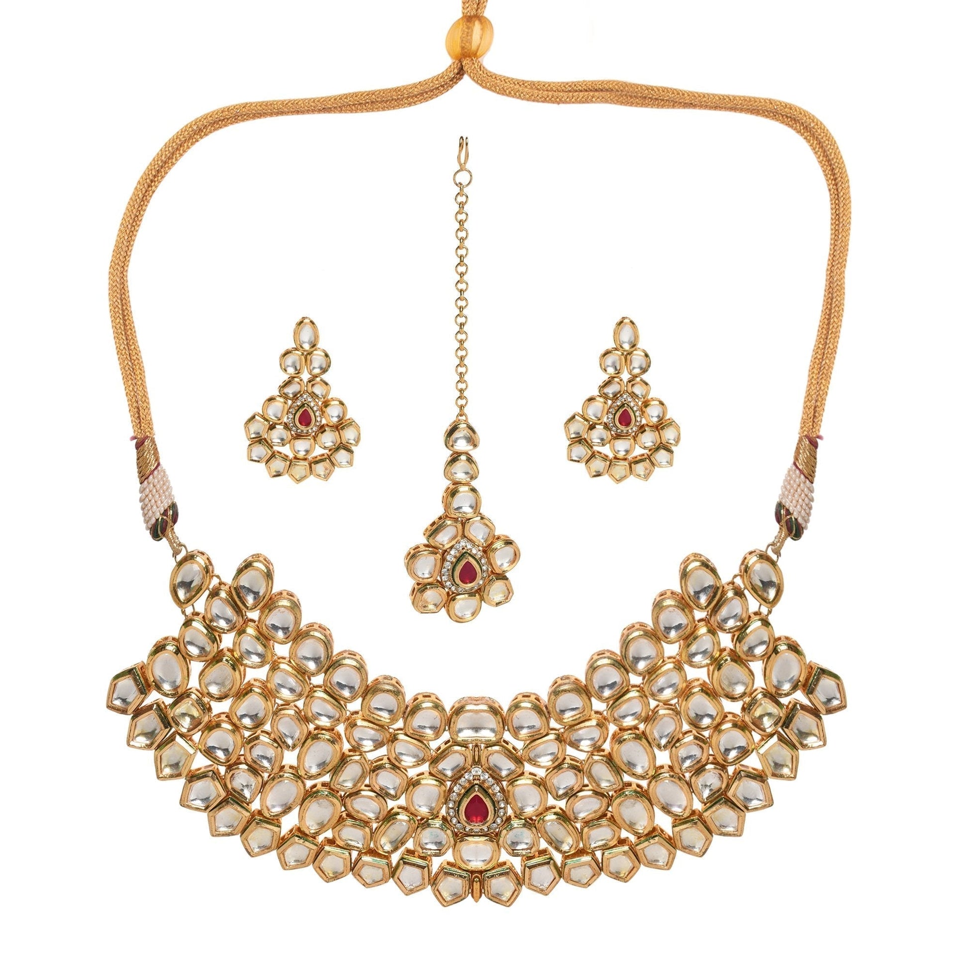 Peryl Women's Handcrafted Maharani Kundan Necklace With Earrings & Mang Tika - Grab2buy